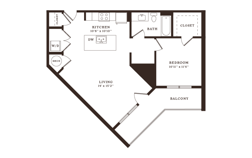 Meadows - 1 bedroom floorplan layout with 1 bathroom and 791 square feet