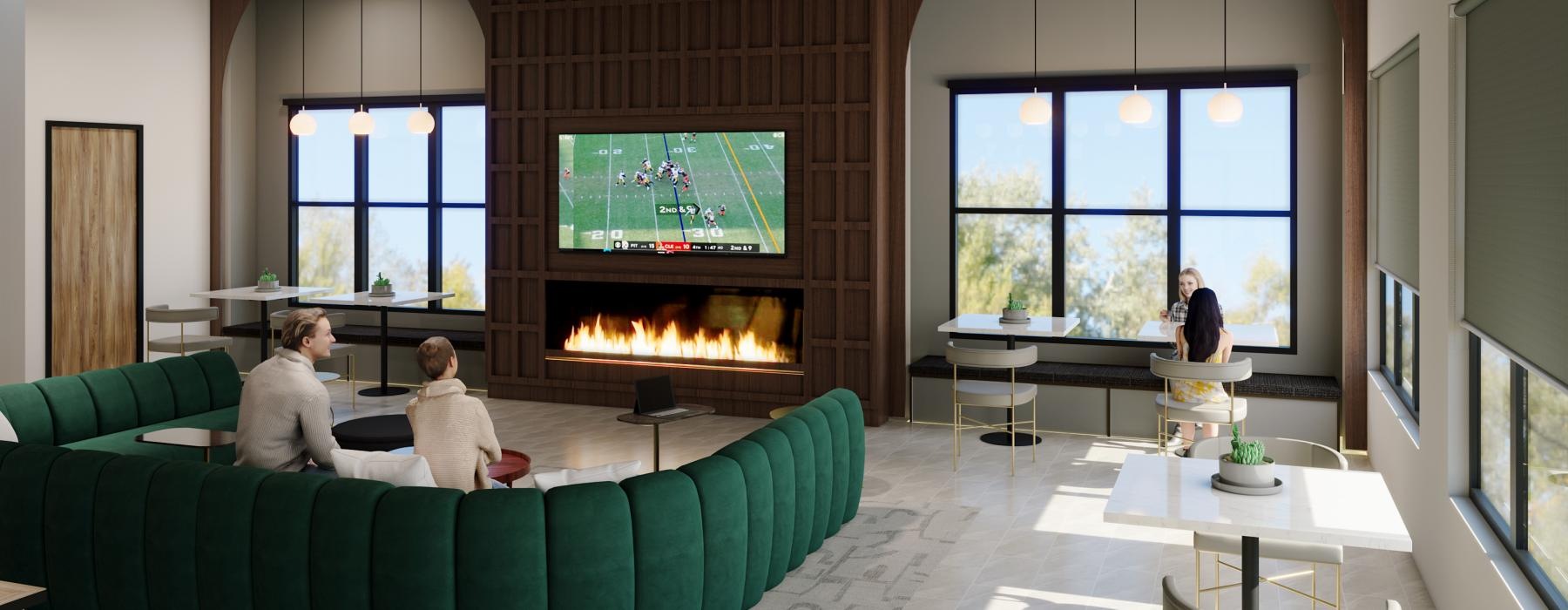 a room with a fireplace and people sitting at tables