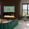 a room with a fireplace and people sitting at tables